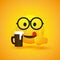 Smiling Geek Emoji Wearing Glasses and Showing Thumbs Up - Simple Cheering, Mouth Licking, Happy Emoticon with Beer Mug