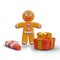 Smiling gingerbread man, candy cane, red gift box with golden bow