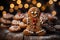 Smiling Gingerbread man cookies on magic festive Christmas background