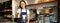 Smiling girl barista, asian bartender pouring water from kettle, brewing filter coffee in cafe behind counter, wearing