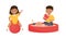 Smiling Girl and Boy in Sandpit and Bouncing on Ball Playing and Having Fun Vector Set