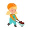 Smiling Girl Builder in Hard Hat and Overall Pulling Wheelbarrow with Bricks Vector Illustration