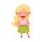 Smiling Girl Character with Blonde Hair Pointing at Something with Her First Finger Vector Illustration