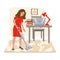 Smiling girl is cleaning children`s room with a vacuum cleaner. Online education concept. Happy people at home. Vector