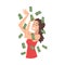 Smiling Girl with Dollar Bills Flying around Her, Happy Rich Character Enjoying Rain of Money Vector Illustration on
