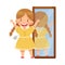 Smiling Girl Fitting Trendy Dress in Front of the Mirror Vector Illustration