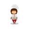 Smiling girl holding tray with sweet desserts. Kid in chef uniform with hat. Cartoon character of little cook. Flat