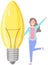 Smiling girl next to lighting device, new idea symbol. Happy woman standing near light bulb