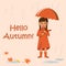 Smiling girl in orange clothes rejoices the first autumn rain. Copy space