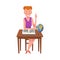 Smiling Girl Sitting at Desk and Reading Book, Teenager Studying at Home, Homeschooling Cartoon Vector Illustration on