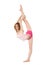 Smiling girl in sportswear does gymnastic exercise