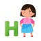 Smiling Girl Standing Near Big Alphabet H Letter Vector Illustration