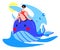 Smiling girl in sunglasses and swimsuit on the whale floating on the waves.