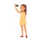 Smiling Girl Wearing Yellow Dress Taking Selfie Photo, Cute Child Character Photographing Herself with Smartphone