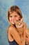 Smiling girls with fawn somali kitten