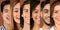 Smiling glad millennial international lady and guys on brown background, close up, panorama