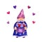 Smiling gnome with a bowl full of hearts watercolor illustration