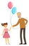 Smiling grandfather giving balloons to little girl. Cartoon senior with granddaughter