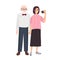 Smiling grandfather and granddaughter standing together and taking selfie. Cute funny elderly man and young girl making