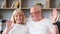 Smiling grandfather and grandmother are waving at the camera. Happy pensioners sitting on sofa