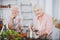 Smiling grandmother cooking tomato soup