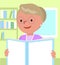 Smiling granny reads a blank book, vector illustration