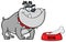 Smiling Gray Bulldog Cartoon Character With Bowl And Bone.