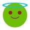 Smiling green emoji with halo vector isolated. Happy face