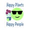 Smiling green emoji holding a flowering plant in a pot, Happy Plants Happy People text