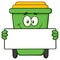 Smiling Green Recycle Bin Cartoon Mascot Character Holding A Blank Sign