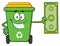 Smiling Green Recycle Bin Cartoon Mascot Character Holding A Dollar Bill
