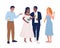 Smiling groom and bride with friends semi flat color vector characters