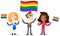 Smiling group of cartoon business people waving rainbow LGBT flag celebrating gay pride