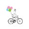 Smiling guy rides a bicycle, multi-colored balloons are tied to him.