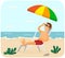 Smiling guy is sitting in sun lounger under umbrella and tanning. Man is sunbathing at resort