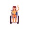 Smiling handicapped woman sits in wheelchair with raised arm flat cartoon style