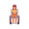 Smiling handicapped woman sitting in wheelchair in front view flat cartoon style