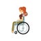 Smiling handicapped woman sitting in wheelchair in side view flat cartoon style