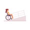 Smiling handicapped woman in wheelchair driving on ramp flat cartoon style