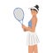 Smiling handsome cartoon girl playing tennis with racket. Time for playing tennis and stretching.