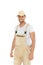 Smiling handsome man in dungarees and cap