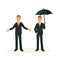 Smiling handsome man wearing black tuxedo greeting welcome gesture and carrying umbrella set