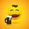 Smiling Happy Beer Lover Man - Simple Emoji, Emoticon with Closed Eyes, Mustache and a Mug of Beer on Yellow Background