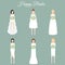 Smiling happy brides. Women in fashion wedding dresses. Vector illustration