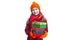 Smiling Happy Caucasian Little Girl In Orange Beanie, Scarf and Mittens With Pile of Colorful Giftboxes.