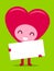 Smiling happy heart character holding white board