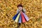 Smiling happy young woman shopaholic with colorful bags. Autumn leaves on background