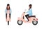 Smiling hipster girl dressed in trendy casual clothes riding pink scooter. Stylish young woman sitting on modern motor