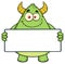 Smiling Horned Green Monster Cartoon Character Holding A Blank Sign