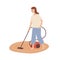 Smiling housewife cleaning carpet with vacuum cleaner vector flat illustration. Happy young woman doing housework